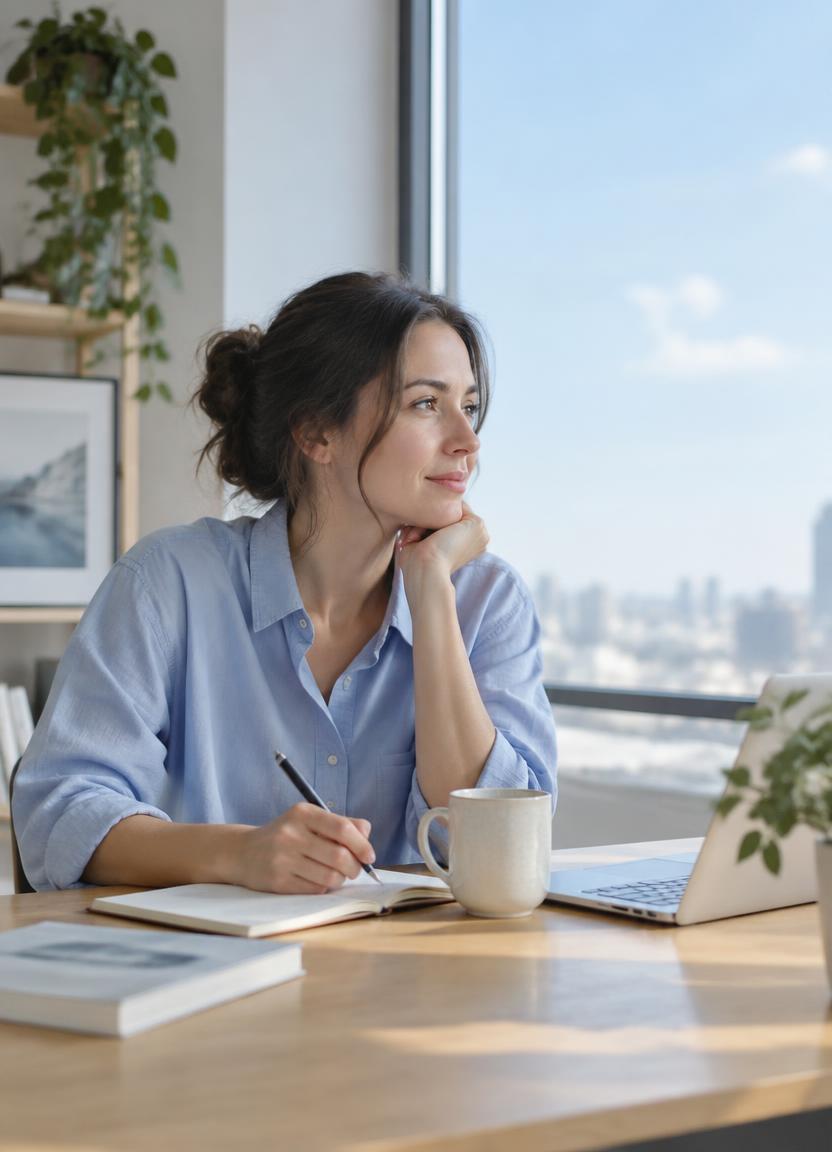A person working thoughtfully at a desk by a window